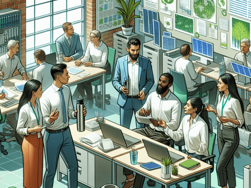 A diverse group of employees in a contemporary office collaborating and engaging in sustainability practices.